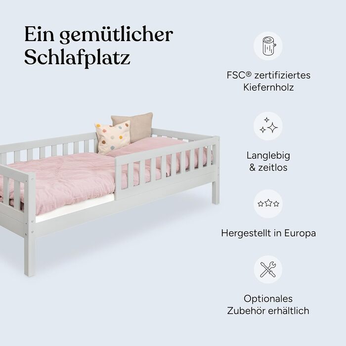 Дитяче ліжко Ehrenkind Lille Дитяче ліжко 90x200 см зі знімними дерев&39яними захисними поручнями, сертифіковане FSC Дитяче ліжко 90x200 світло-сірий колір 90 x 200 см (основа) світло-сірий колір