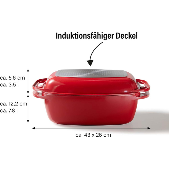Лита алюмінієва жаровня з кришкою 43x26 см, 7,8 л Індукційна духовка безпечна для всіх типів плит, кришку можна використовувати як