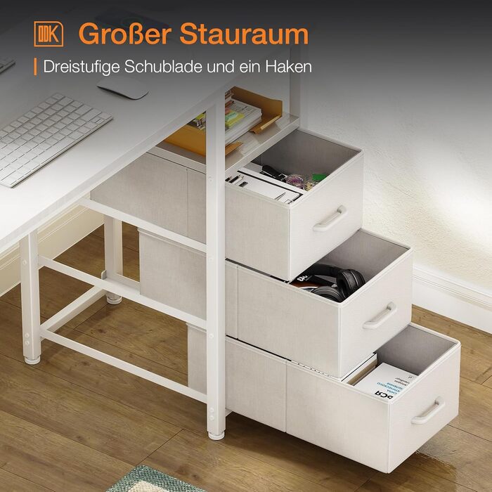 Письмовий стіл ODK з 3 тканинними шухлядами, 120x48x75,5 см, Комп&39ютерний стіл з 2 розетками та USB-портами, Двосторонній ПК-стіл, Офісний стіл для домашнього офісу, Білий 120x48x75,5 см Білий