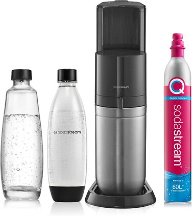 Машина для газованої води SodaStream Duo, з 1 літровою багаторазовою пластиковою пляшкою для води без BPA, скляним графином 1 л для карбонізації та газовим балоном CO2 об'ємом 60 літрів із швидким з'єднувачем, чорна чорна машина