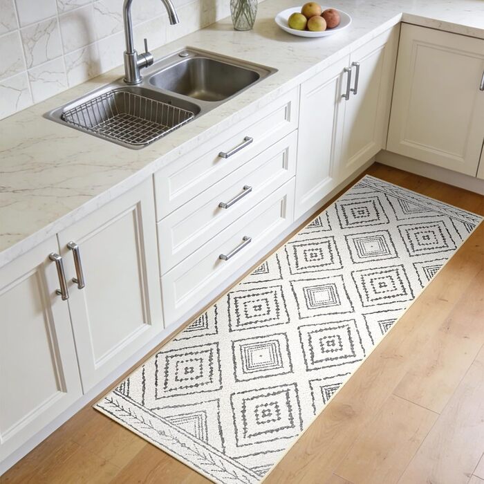 Килимова доріжка для коридору, 60 x 300 см, нековзка кухонна доріжка, килимова доріжка з коротким ворсом, яку можна прати, складається, дизайн бохо для коридору, кухні, вітальні та офісу, чорно-білий, 60 x 300 см