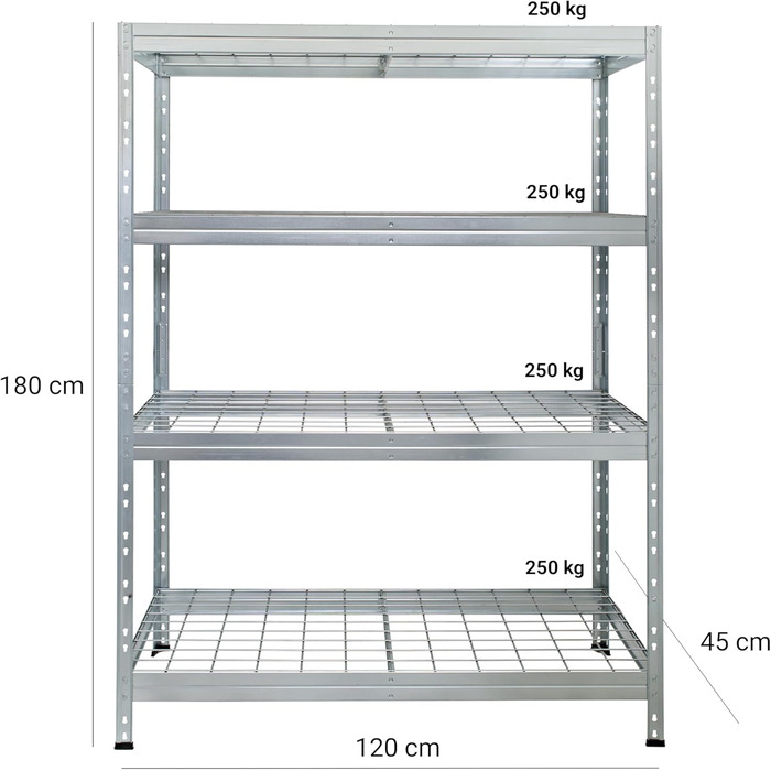 Посилений стелаж Rivet, комплект з 3 шт. , зі сталевими сітчастими полицями, 180 x 120 x 45 см (В x Ш x Г), вантажопідйомність 250 кг на полицю, оцинкований. Безболтовий стелаж, металевий стелаж, стелаж для підвалу, стелаж для зберігання, стелаж для майст