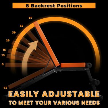 Регульована силова лава, складна тренувальна лава, похила лава з 8-позиційною регульованою спинкою, фітнес-лава, похила лава для тренування всього тіла, вантажопідйомність 660 фунтів, помаранчевий