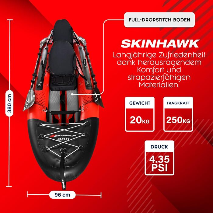 Ексклюзивний червоний набір для каяків SKINHAWK 380 - Надувний човен - Каное - 380 x 96 см - Каяк на 2 особи. Набір для каяків Skinhawk 380 з алюмінієвим веслом.