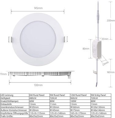 Світлодіодні вбудовувані точкові світильники Greenclick 5 шт. 230В, 9Вт 720LM Стельові точкові світильники з регулюванням яскравості, 11мм ультраплоскі вбудовувані світильники з трансформатором IP44 Світлодіодні точкові світильники для ванної, кухні, віта