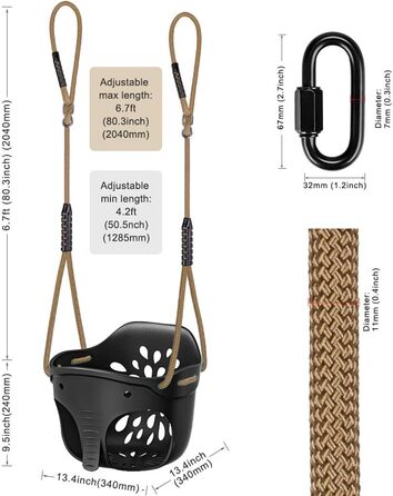 Додаткові аксесуари для дитячих гойдалок на відкритому повітрі, висока спинка, сидіння гойдалки з регульованою мотузкою та 4 караб