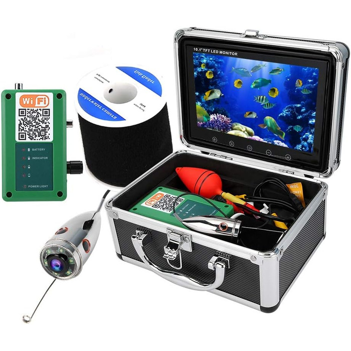 Підводна камера для риболовлі Відеореєстратор Підводний ехолот Камера для ехолота Бездротовий WiFi Відеокамера для підводної риболовлі Ехолот ІЧ підсвічування 1000 TVL Монітор Портативна відеокамера для риболовлі з коробкою 10,1 дюйма