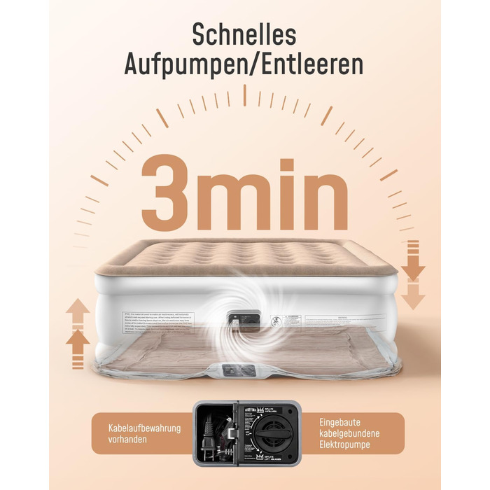 Самонадувальний надувний матрац Airefina з вбудованим насосом, преміальне гостьове ліжко, швидке надування за 3 хвилини, надувний матрац для кемпінгу та домашнього використання - 203 x 152 x 40 см