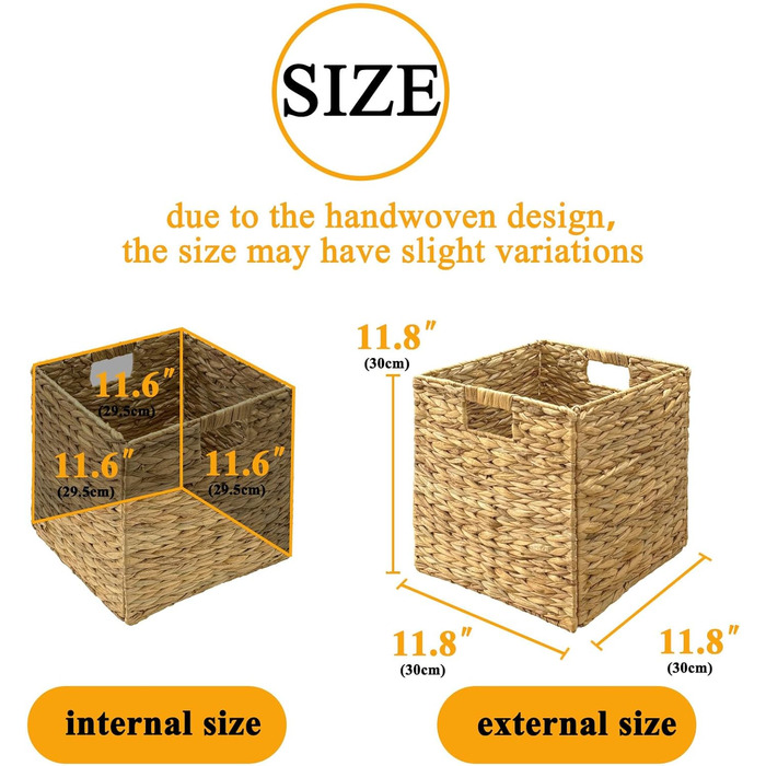 Кошики для зберігання Kallax з 4 предметів, вкладиші з водяного гіацинта для полиць, складні коробки Kallax, плетений кошик для зберігання, кошик для білизни для полиць, плетені контейнери для ванної кімнати (30 см * 30 см * 30 см), комплект з 4 предметів