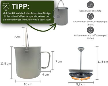 Титанова кавоварка Campura French Press 750 мл - Надлегка та міцна - Точний фільтр, Компактна та термостійка - Кавоварка для кемпінгу, бушкрафту, трекінгу та активного відпочинку - Титановий посуд