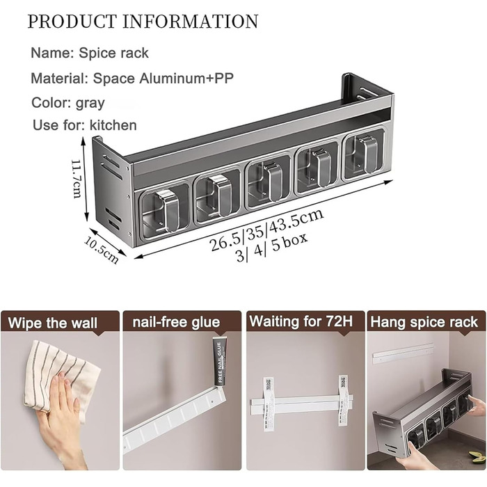 Підставка для спецій з банками для спецій, окремостояча та настінна підставка для спецій, банки для спецій з полицею, підставка/тримач для спецій, органайзер для спецій для кухонної стільниці та шафи, підвісні підставки для спецій (не потребує свердління)