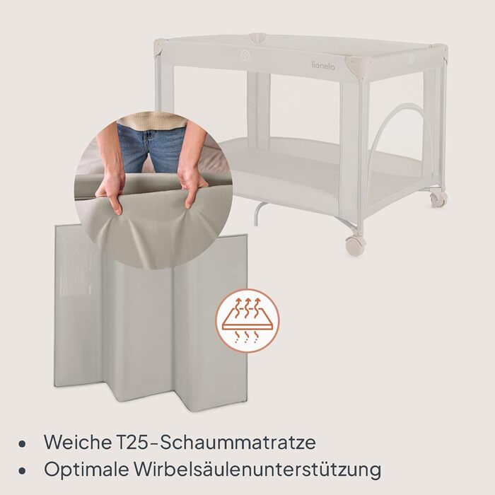 Дитяче ліжечко Lionelo Amelie, від народження до 15 кг, маленьке, складне, м&39який розкладний матрац, 100,5 x 70,5 см, 2 колеса, бічний вхід, дорожня сумка бежевого кольору