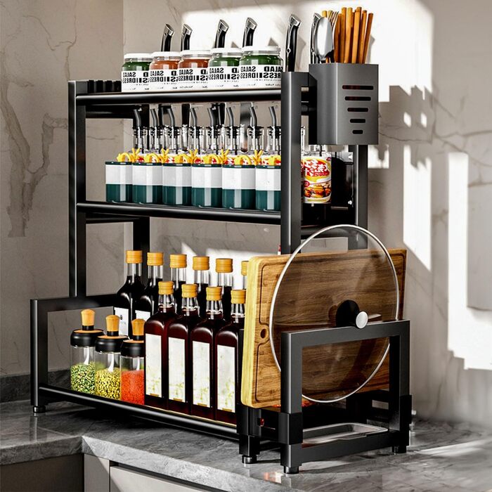 Стелаж для спецій Devesanter, 3 яруси, кухонна стійка для банок для спецій великої місткості, металевий органайзер для стільниці з тримачем для посуду, тримач для обробної дошки, з 6 гачками, чорний
