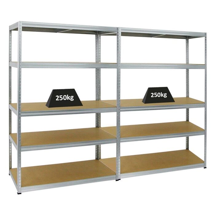Комплект із 2 надміцних стелажів Big Elephant 180x120x60см з 5 полицями, вантажопідйомність полиць 250 кг, оцинкований, 2 шт. 180x120x60см, оцинкований