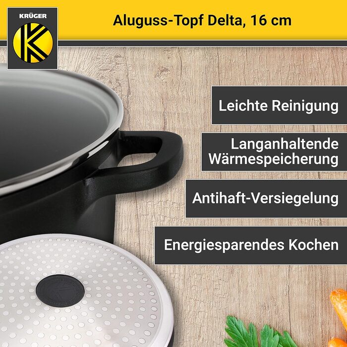 Лита алюмінієва каструля Krger Delta зі скляною кришкою - 16 см - каструля для приготування здорових та нежирних страв - підходить
