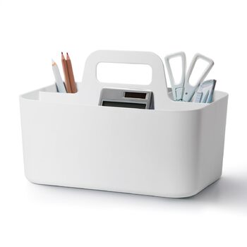 Кошик-органайзер з ручкою, 24x15x11 см, пластиковий кошик, кошик для прибирання, кошик для рукоділля, кошик для столу, місце для зберігання ручок, для ванної кімнати, для туалетного столика, для приладдя для рукоділля, для швейного приладдя (білий) Білий-