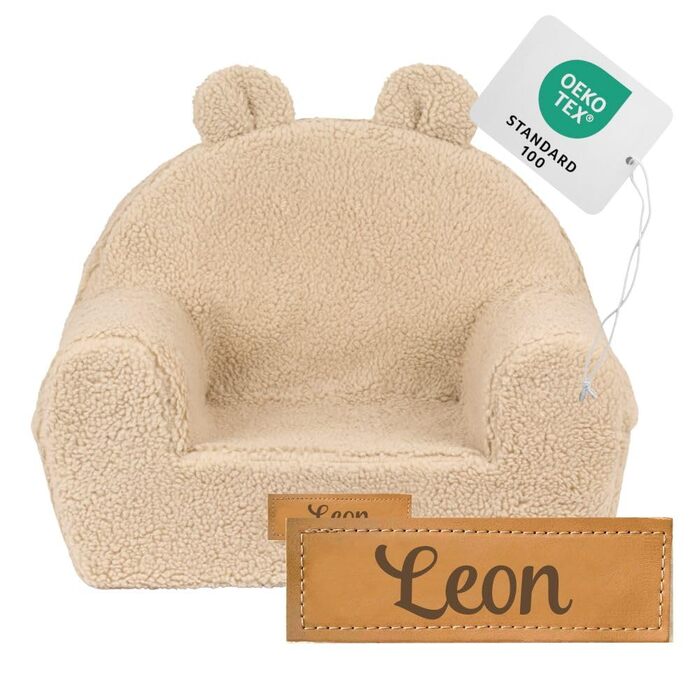 Дитяче персоналізоване крісло Flumi з пінопласту Дитяче сидіння для дитячої кімнати, ігрової кімнати Крісло з гравірованим іменем дитини, колір овчина темно-бежевий