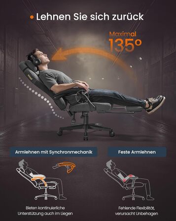 Ігрове крісло SONGMICS HOME, ергономічне комп&39ютерне крісло з підставкою для ніг, офісне крісло, обертове крісло з підголівником, суміш бавовни та льону, регульована висота, колір голубий сірий OBG072G01