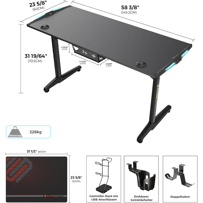 Ігровий стіл EUREKA ERGONOMIC, 140 x 60 см, МДФ / сталь / вуглецеве волокно, чорний