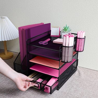 Металевий настільний органайзер, 5-ярусний лоток для паперу та листів з тримачами для файлів, сітчастий настільний органайзер для файлів з тримачем для журналів для зберігання офісних документів (чорний)