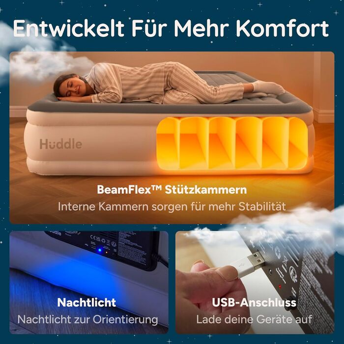 Надувний матрац Huddle Never Deflate Luxury King, переможець премії Good Housekeeping 2025 Air Mattress Award, технологія SlumberGuard з подвійним насосом, регульована жорсткість, вбудований насос та нічник з USB-портом