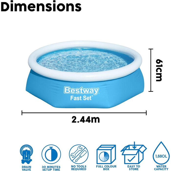 Басейн Bestway Fast Set без насоса, круглий 244 x 66 см, синій, синій 244 x 66 см без аксесуарів. Тільки басейн.