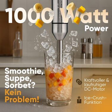 Занурювальний блендер ProfiCook 1000 Вт подовжена насадка тихий DC-двигун функція подрібнення льоду 4-лезовий ніж підходить для гарячих страв PC SM 1317