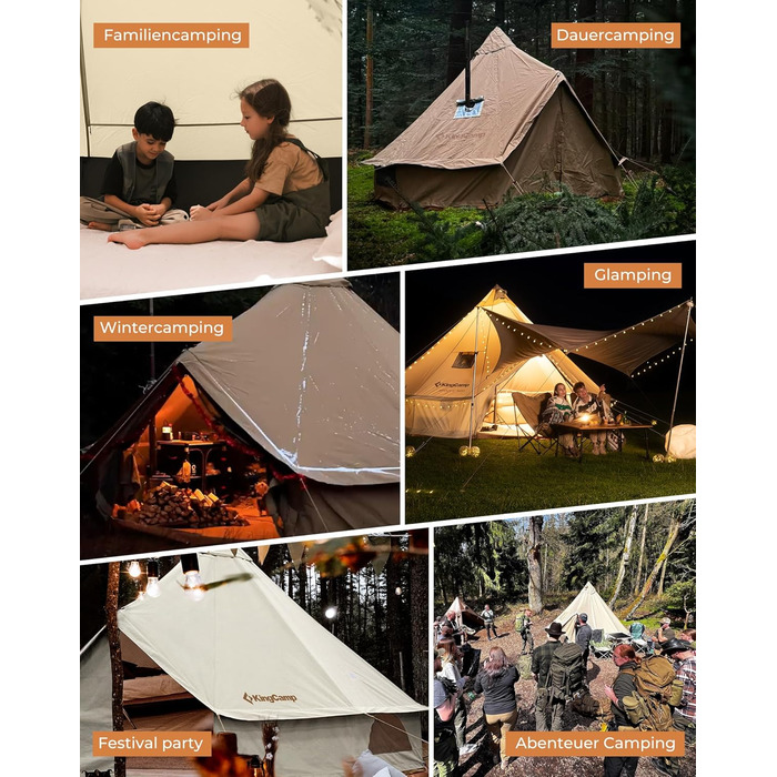 Намет для глемпінгу KingCamp, намет-дзвін для 6-12 осіб, 4-6,7 м, чиста бавовна/TC бавовна, водонепроникний, сімейний намет для відпочинку на природі з ПВХ-підкладкою, фестивальний намет для сімей та кемпінгових груп KHAN 4M T/C 210g Base Camp