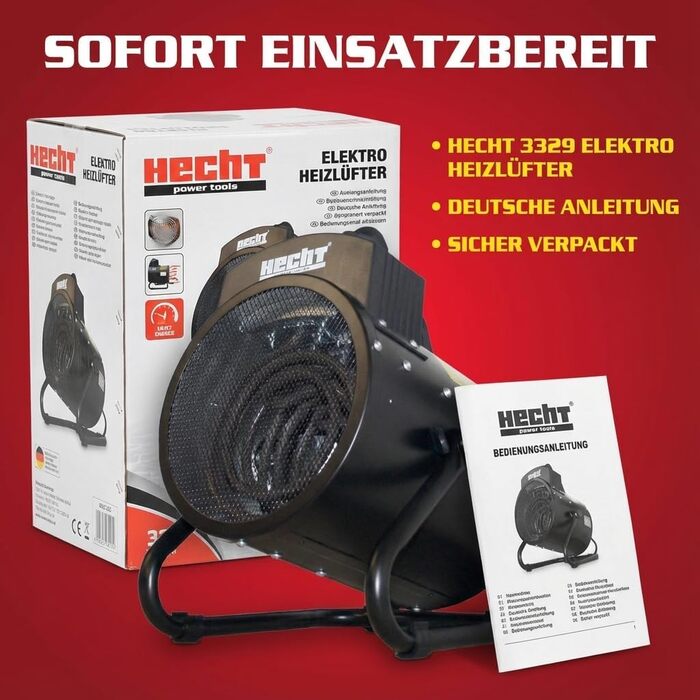 Електричний обігрівач HECHT Портативний обігрівач 3000 Вт 3 рівні потужності Термостат Енергоефективний Підходить для будівельних майданчиків, гаражів, майстерень, кемпінгу, віталень, Чорний