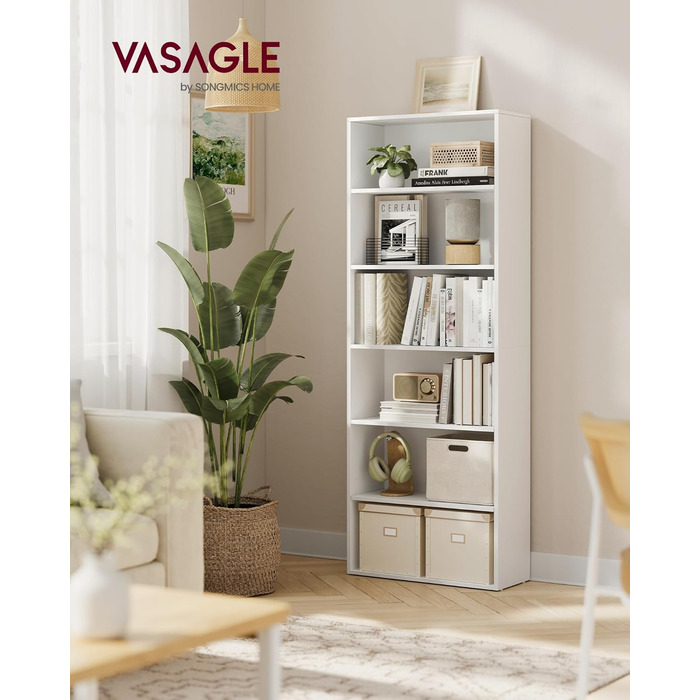Книжкова полиця VASAGLE, 6-ярусна, відкрита полиця для зберігання, окремостояча полиця, 24 x 60 x 178,5 см, для вітальні, домашнього офісу, їдальні, хмарно-білий LBC169T14 6 ярусів (60Ш x 178,5В см) хмарно-білий