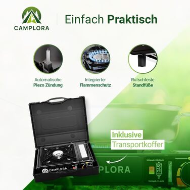 Газова плита для картриджів MFS-1a, включаючи футляр для перенесення з п&39єзо-запалюванням - Кемпінгова плита 2,2 кВт - включаючи захисне відключення, кемпінгова плита 227 г, включаючи 4 газові картриджі