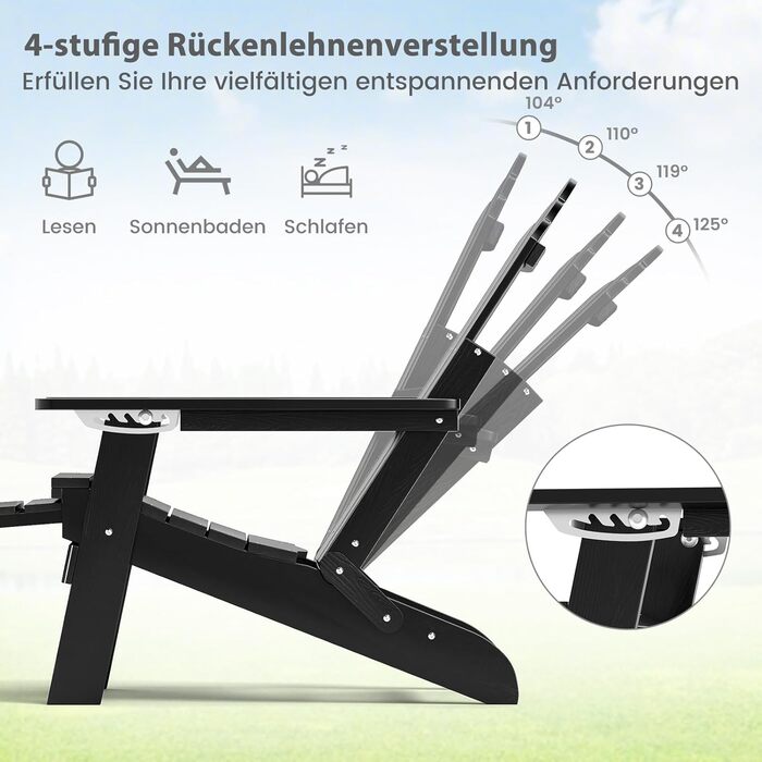 Складане крісло COSTWAY Adirondack з підставкою для ніг та регульованою спинкою, всепогодне пластикове крісло Adirondack, садове крісло з тримачем для напоїв для саду, патіо, вантажопідйомність 180 кг, чорне з підставкою для ніг