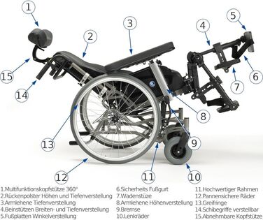 Багатофункціональне інвалідне крісло FabaCare INOVYS II з барабанним гальмом, інвалідне крісло для годування, транспортне крісло, інвалідне крісло, регулювання висоти, нахил, регулювання глибини, функція відкидання, ширина сидіння 40 см ширина сидіння 40 