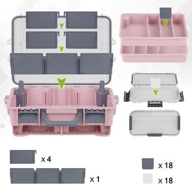 Водонепроникний ящик для рибальських снастей THKFISH, ящик для приманок, ящик для рибальських інструментів, портативний ящик для снастей з двома ящиками для безприманного транспорту 3500 та знімними роздільниками, ящик для рибальських снастей рожевого/син