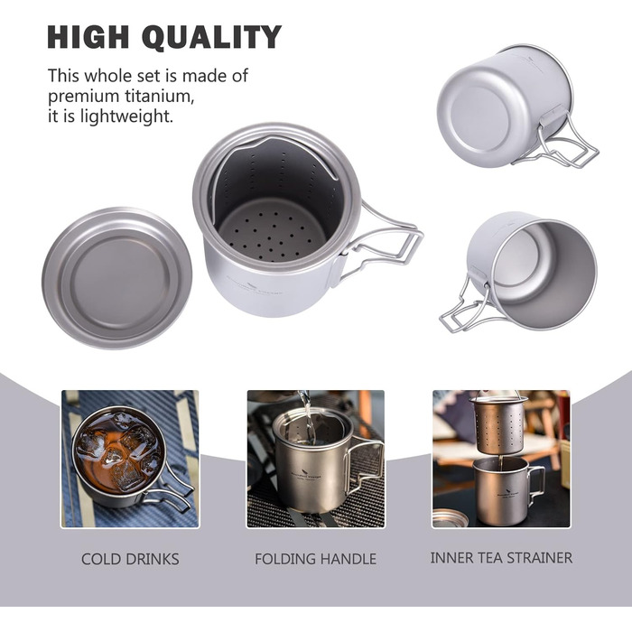 Титанова кружка Boundless Voyage 420 мл з чайним інфузером та кришкою, чашка для кемпінгу на відкритому повітрі з фільтром, легка одношарова кавова кружка зі складною ручкою, портативна, для походів, подорожей, пікніка, посуд для напоїв Ti3054D