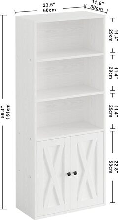 Книжкова шафа IRONCK з 2 дверима, 5-ярусна окремостояча полиця, книжкова шафа в індустріальному стилі, вітрина-полиця для навчання, офісу, вітальні, спальні, біла