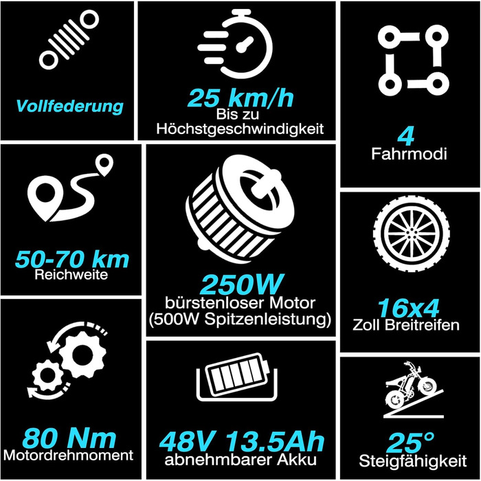 Електровелосипед Bodywel M16 для чоловіків та жінок, 16x4,0 дюймів, універсальний, для міських та гірських велосипедів, акумулятор 48 В 13 Аг, двигун 250 Вт, запас ходу 80 км (PAS), РК-дисплей, подвійне освітлення, повнопідвісний електровелосипед