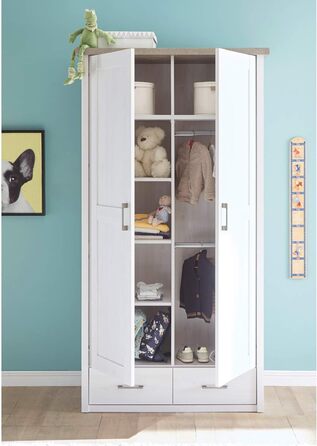 Елегантна шафа LUCA з 2 дверима для дитячої кімнати - Універсальна шафа з орними дверима та великим місцем для зберігання в кольорі &quotСосновий білий&quot / &quotТрюфель&quot - 106 x 201 x 55 см (Ш/В/Г)