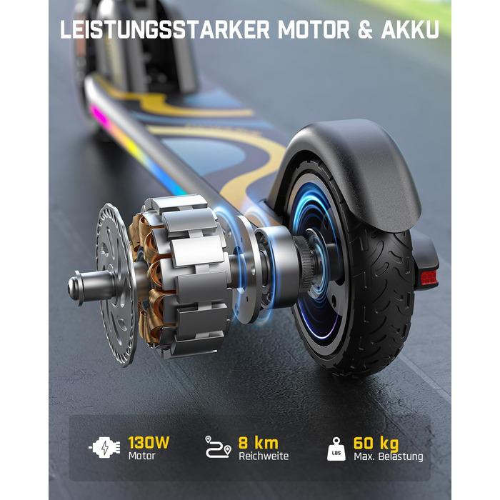 Електричний самокат FanttikRide C9 Pro для дітей 8-12 років, різнокольорові райдужні вогні, 8/12/16 км/год, запас ходу 8 км, світлодіодний дисплей, регульована висота, складаний, для хлопчиків та дівчаток, чорний