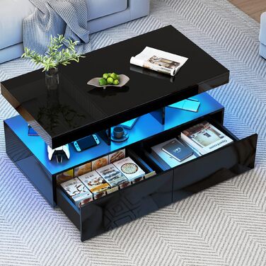 Глянцевий журнальний столик зі світлодіодним освітленням, сучасний журнальний столик для вітальні, чорний журнальний столик з відкритою полицею та 2 шухлядами, прямокутний журнальний столик для вітальні, 104x53x46 см
