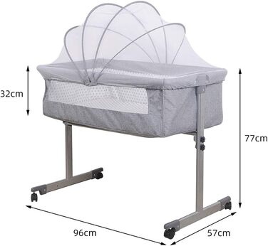 Дитяча колиска LANTUS, люлька, дорожнє ліжечко, складне дитяче ліжечко, бічне ліжко, колиска-гойдалка з функцією гойдання, включаючи москітну сітку, матрац та сумку (96 * 57 * 77 см (сіра))