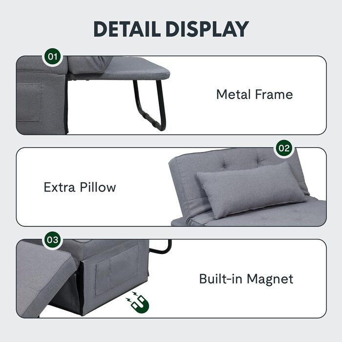 Крісло FLEXISPOT Крісло для вітальні з пуфом для ніг Розкладне крісло-ліжко з функцією ліжка Трансформоване крісло-ліжко Розсувне крісло-ліжко Вантажопідйомність до 300 кг, Сірий, 91 * 69 * 35 см Темно-сірий (Маленький)