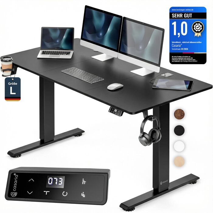 Електричний стіл Casaria з регульованою висотою 140 x 70 см з бездротовим зарядним пристроєм та портом USB-C/A, РК-дисплеєм, функцією пам&39яті, вантажопідйомністю 80 кг, ергономічним, чорним, 140 x 70 см