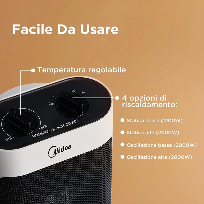 Електричний обігрівач Midea NTH20-19JE, керамічний конвектор 2000 Вт, низьке енергоспоживання, низький рівень шуму, 2 режими температури, термостат, білий