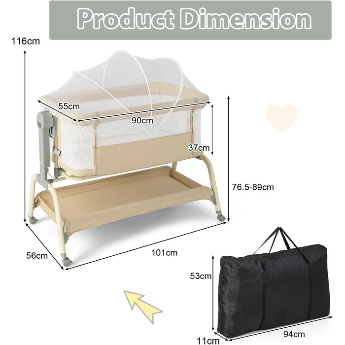 Дитяче ліжко LIFEZEAL з москітною сіткою, дитяче ліжечко-тумбочка з матрацом та колесами, дорожнє ліжечко з 6 регулюваннями висоти, портативна дитяча колиска для малюків 0-6 місяців, колиска з кошиком для зберігання (бежевий)