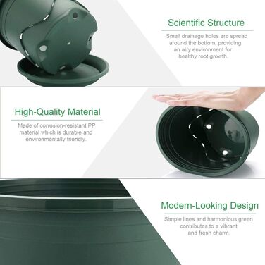 Набір із 6 пластикових горщиків для рослин KAHEIGN, квіткові горщики 22 см з блюдцями, пластикові горщики для розсади, горщики для трав, декоративні для використання в приміщенні та на вулиці (зелені)