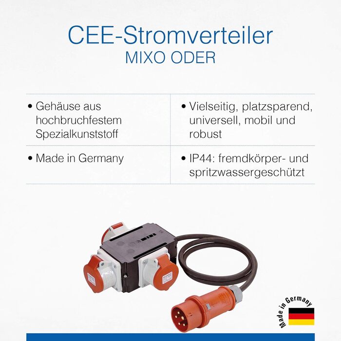Як - Розподільна коробка високої напруги Schwabe MIXO штекер CEE 400 В/32 А/5-контактний, приблизно 22 кВт - кабель 1,5 м - 3 розетки CEE 400 В 32 А, 5-контактні - електростанція - для зовнішнього використання Зроблено в Німеччині IP44, 60529 MIXO OR Вхід