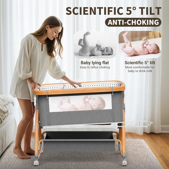 Дитяче ліжечко-тумбочка, дорожнє ліжечко 3-в-1, 6 регульованих рівнів висоти з матрацом та колесами з гальмами, підходить для дітей від 0 до 6 місяців, для дому та подорожей