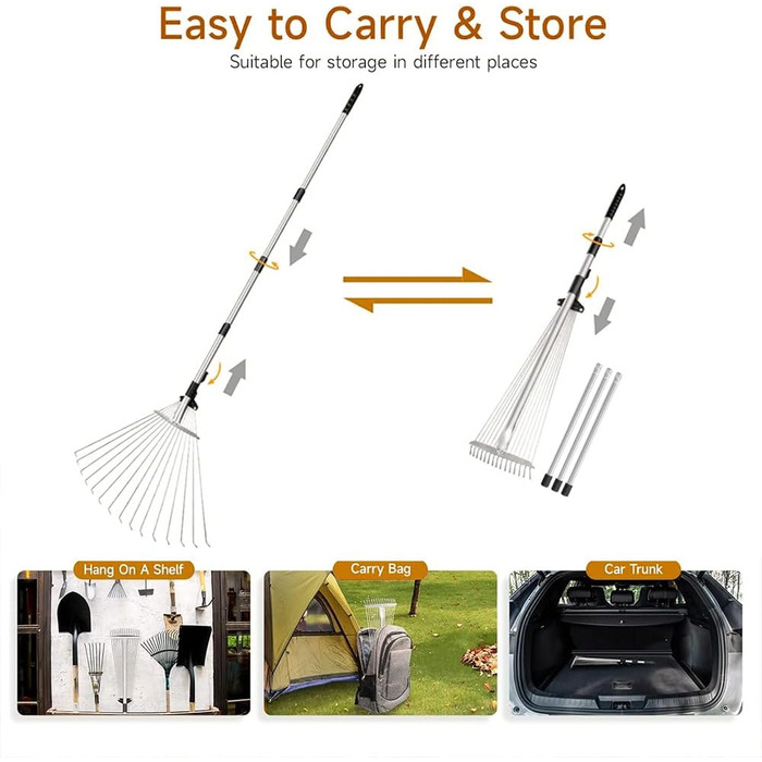Регульований віяловий граблі з ручкою 215 см, металеві граблі для листя з рукавичками, садовий віяловий граблі для прибирання листя, рослин, газонів та подвір'я, сріблястий колір