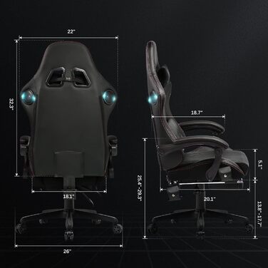 Ігрове крісло GTPLAYER, Ігрове крісло, Робоче крісло, Крісло для ПК-геймерів з підставкою для ніг, Динаміки, Музичне, Офісне крісло, Витримує до 151 кг, Стандартний розмір, Чорно-червоне